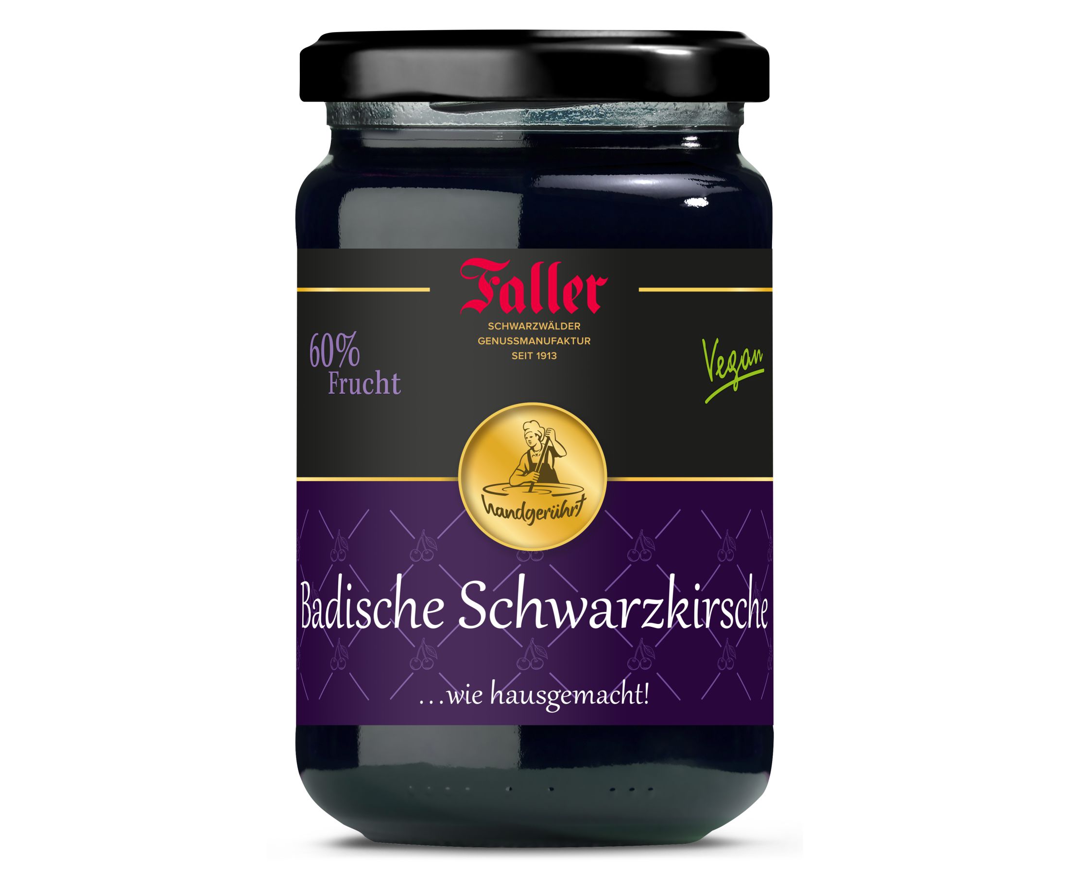 Schwarzkirsche_285103306088001_EAN_4033301214162_330g_WEB_0001 Badische Schwarzkirsch Konfitüre extra